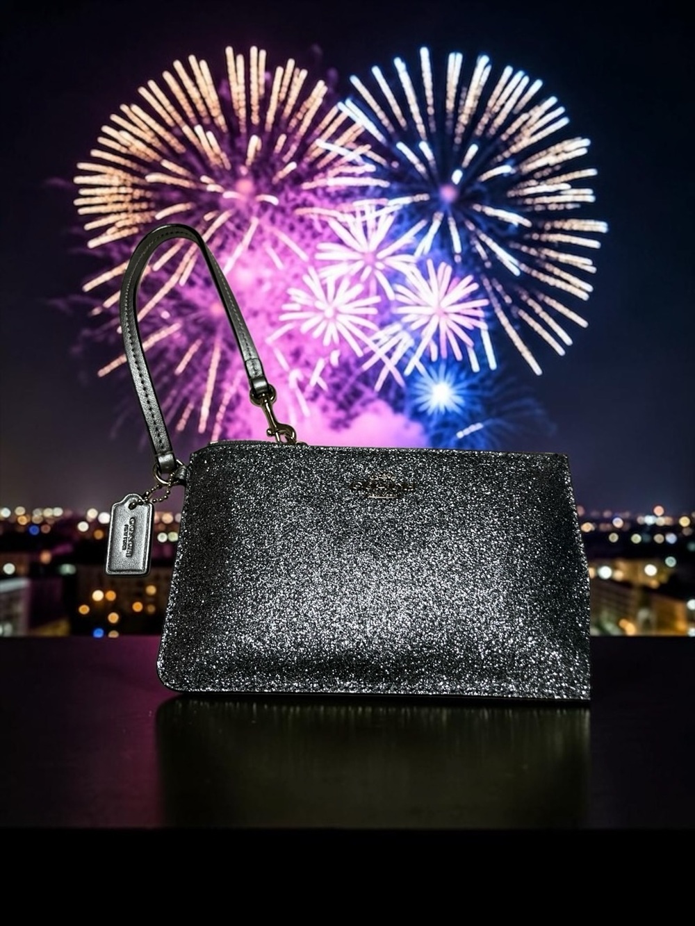 Coach NWOT Metallic Silver Glitter Wristlet Clutch